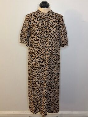 Anthropologie Mackenzie Leopard Print Dress, Short Sleeve Mock Neck Midi, S
